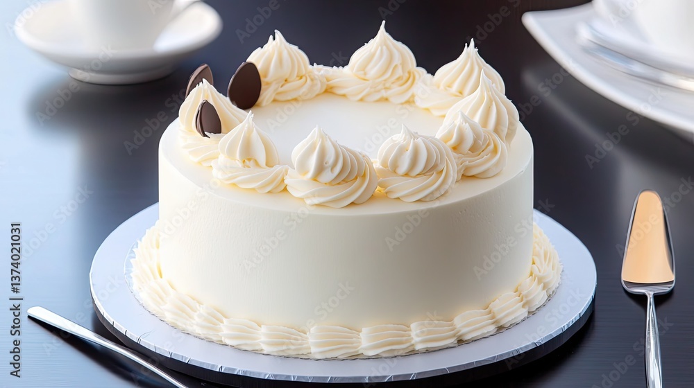 Poster a simple cake with a clean border, featuring a smooth layer of buttercream around the edges, perfect