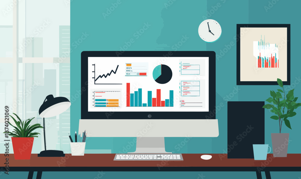 Poster modern workspace vector illustration with data analysis charts on computer screen