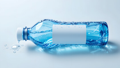A sleek and elongated transparent blue water bottle with a dynamic wavy texture.