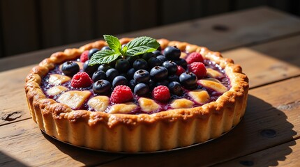 Sunlit Berry Tart, a delightful pastry with plump blueberries and raspberries, nestled in a golden crust. A touch of mint adds freshness.
