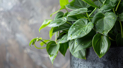 Close-up photograph of Philodendron Fox leaves with water droplets, perfect for nature-inspired decoration and interior design projects.

