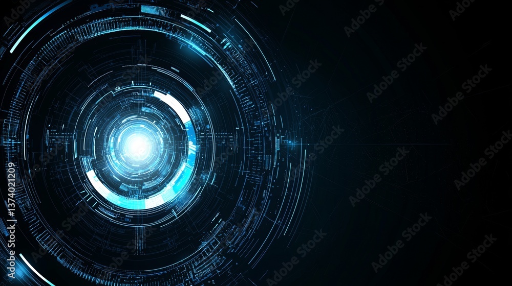 Poster on a futuristic abstract background, ai technology powers the rotation of a blue digital particle ri