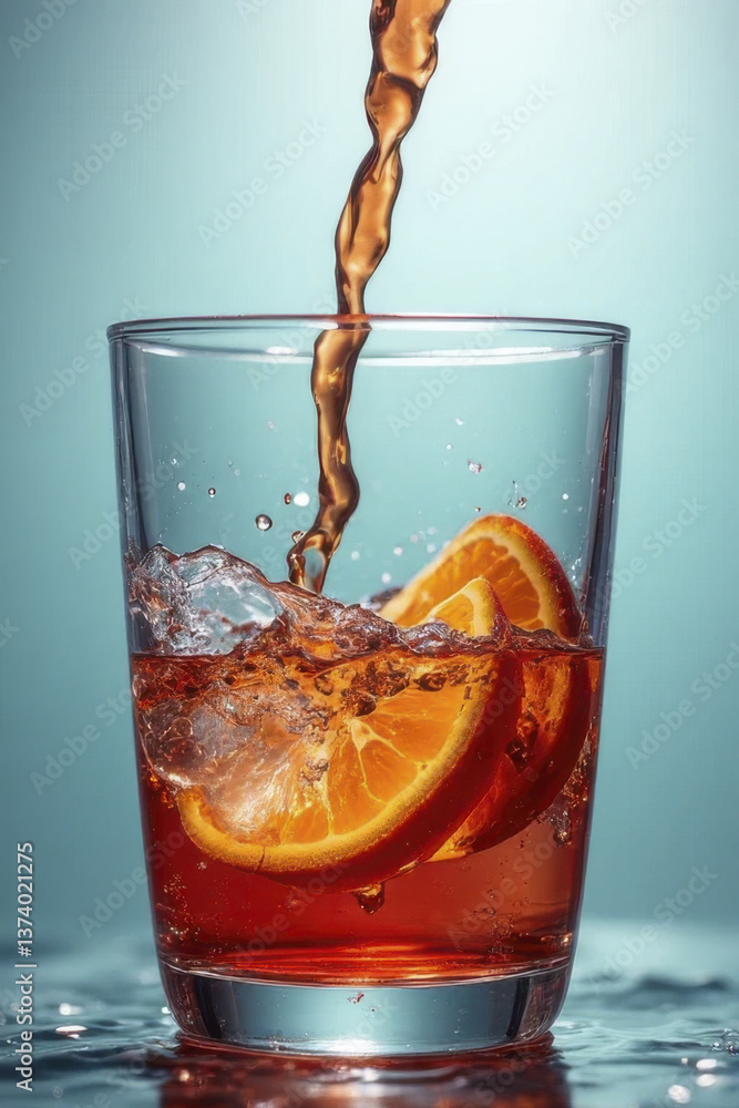 Wall mural refreshing orange drink with ice and citrus slices splashing in glass, creating vibrant and inviting