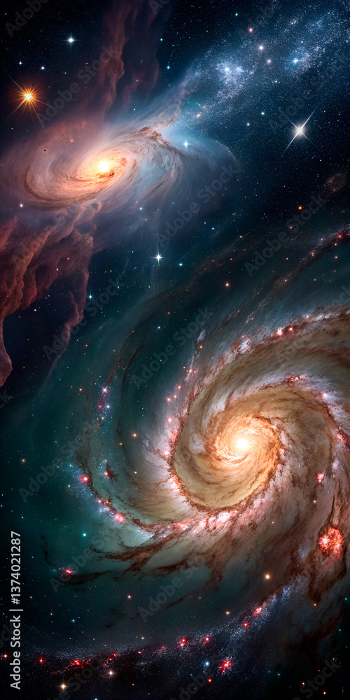 Wall mural spiral galaxy with a glowing center and star streams extending into space.