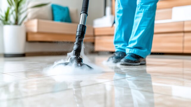 A close-up of a professional cleaner using a steam cleaning machine on a tiled floor, with vapor visibly rising, set in a contemporary home interior. The image conveys hygienic deep cleaning