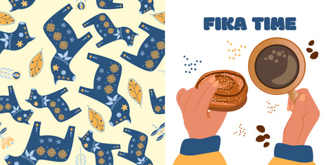 Fika Time. Hands Holding a Cup of Coffee and Kanelbulle. Dala Swedish Horse seamless pattern.Concept of a Cozy Coffee Time. Scandinavian. Vector Illustration.