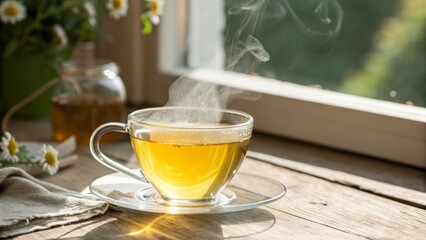 Morning Calm: A glass teacup filled with vibrant yellow chamomile tea, sitting on a white saucer, with steam rising gently in the soft morning light