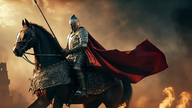 Knight in shining armor rides a powerful horse through a fiery battlefield at dusk