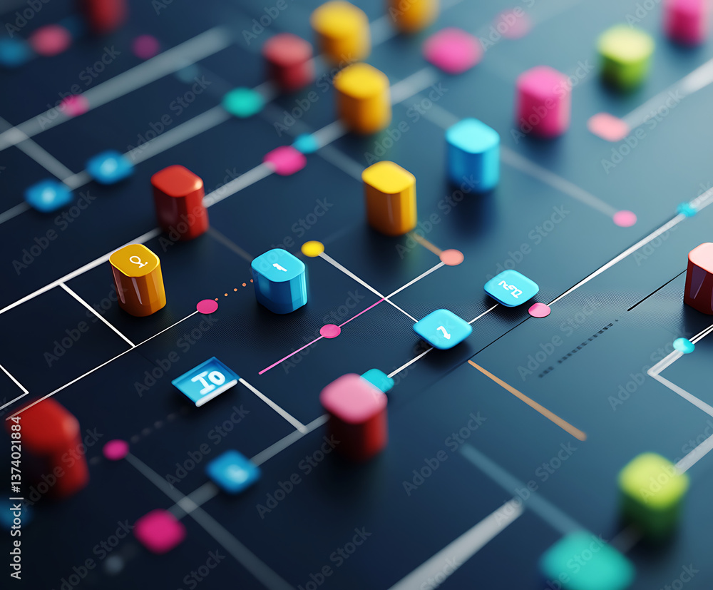 Poster blockchain network abstract colorful nodes, data connections, cryptocurrency technology, and complex