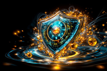 Fototapeta premium glowing neon blue 3D shield surrounded by swirling golden orbs and digital elements, creating futuristic and dynamic visual effect. shield symbolizes protection and security