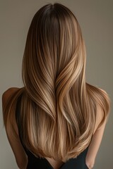 Naklejka premium Rear portrait of a woman with long, smooth brunette hair featuring golden highlights, styled in soft layers against a neutral background.