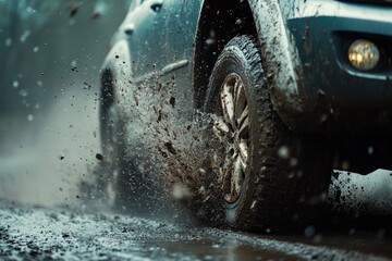 A close-up of muddy tires spinning, water splashing as the SUV moves