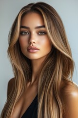 Fototapeta premium Close-up portrait of a confident woman with sleek, highlighted brown hair and flawless makeup, styled in a modern, polished look.