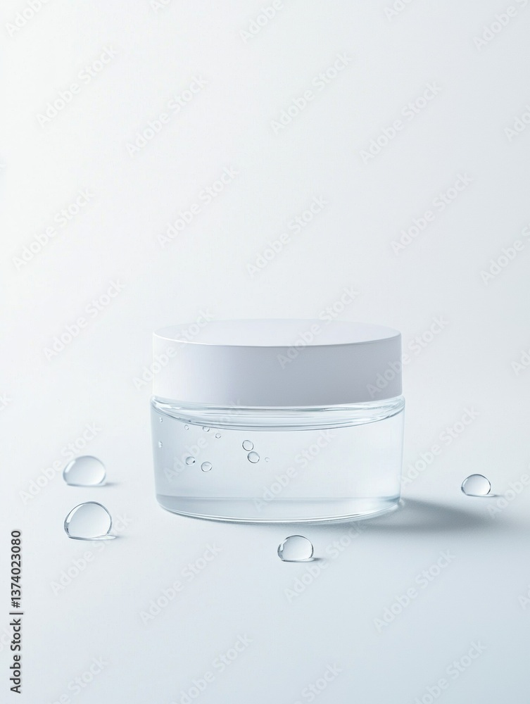 Aufkleber 3d rendering of a small glass jar with a white lid. the jar is empty and is placed on a light blue b