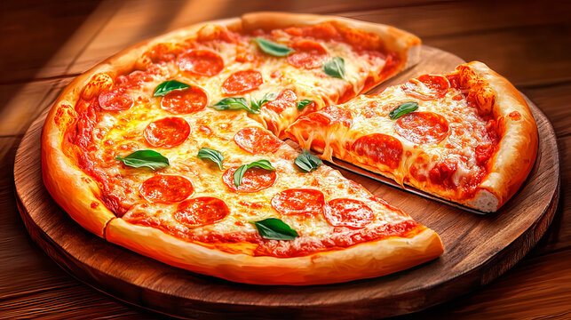slace of tasty pizza on wooden table