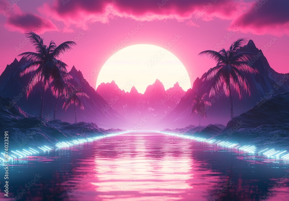 Poster laser grids form the background of a retro futuristic scene that embodies the synthwave aesthetic