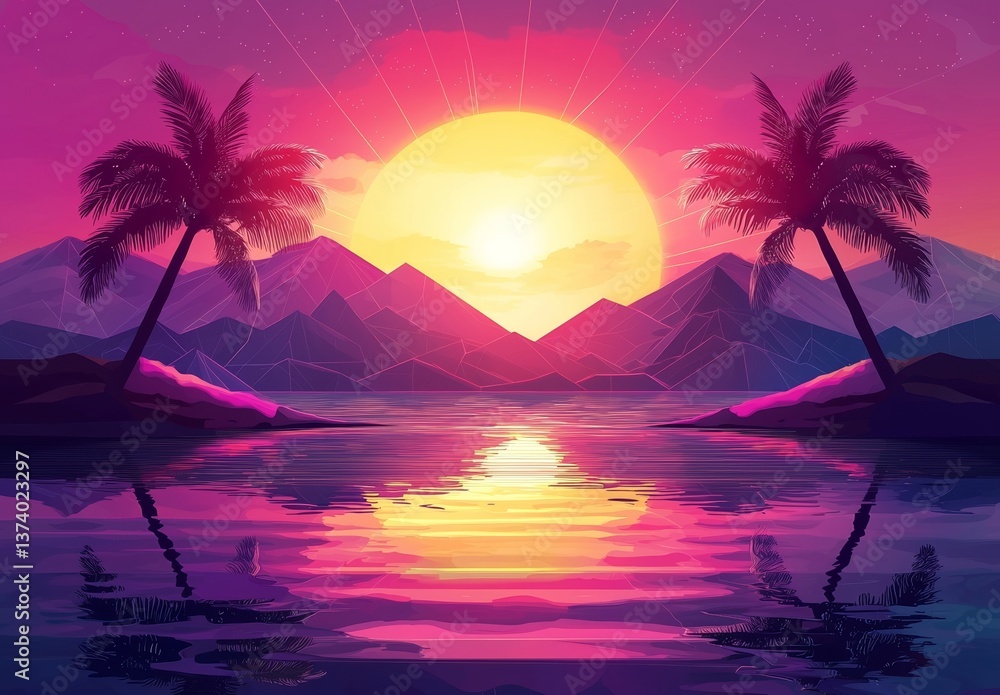 Poster retro futuristic landscape with a synthwave aesthetic and a laser grid in the background
