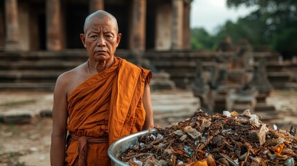 A solemn monk holds a bowl of trash in front of ancient temple ruins, highlighting the contrast between sacred spaces and the pressing issue of environmental neglect.