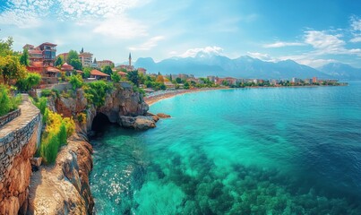 Naklejka premium Stunning coastal view of Antalya with turquoise waters and scenic mountains