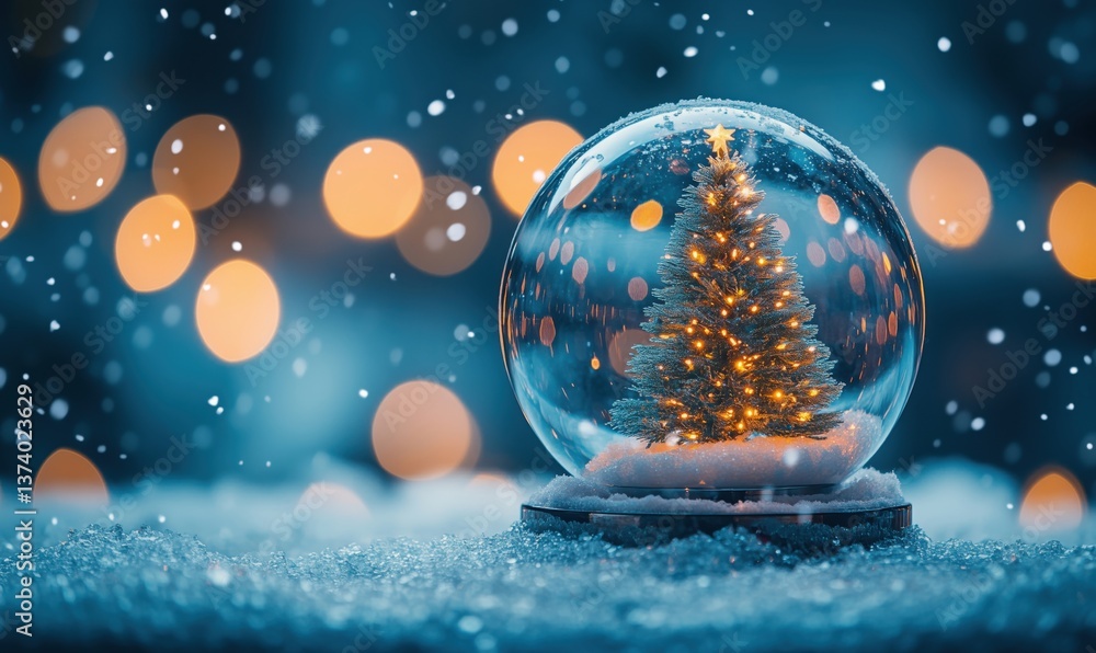 Poster christmas snow globe with illuminated tree and festive bokeh background
