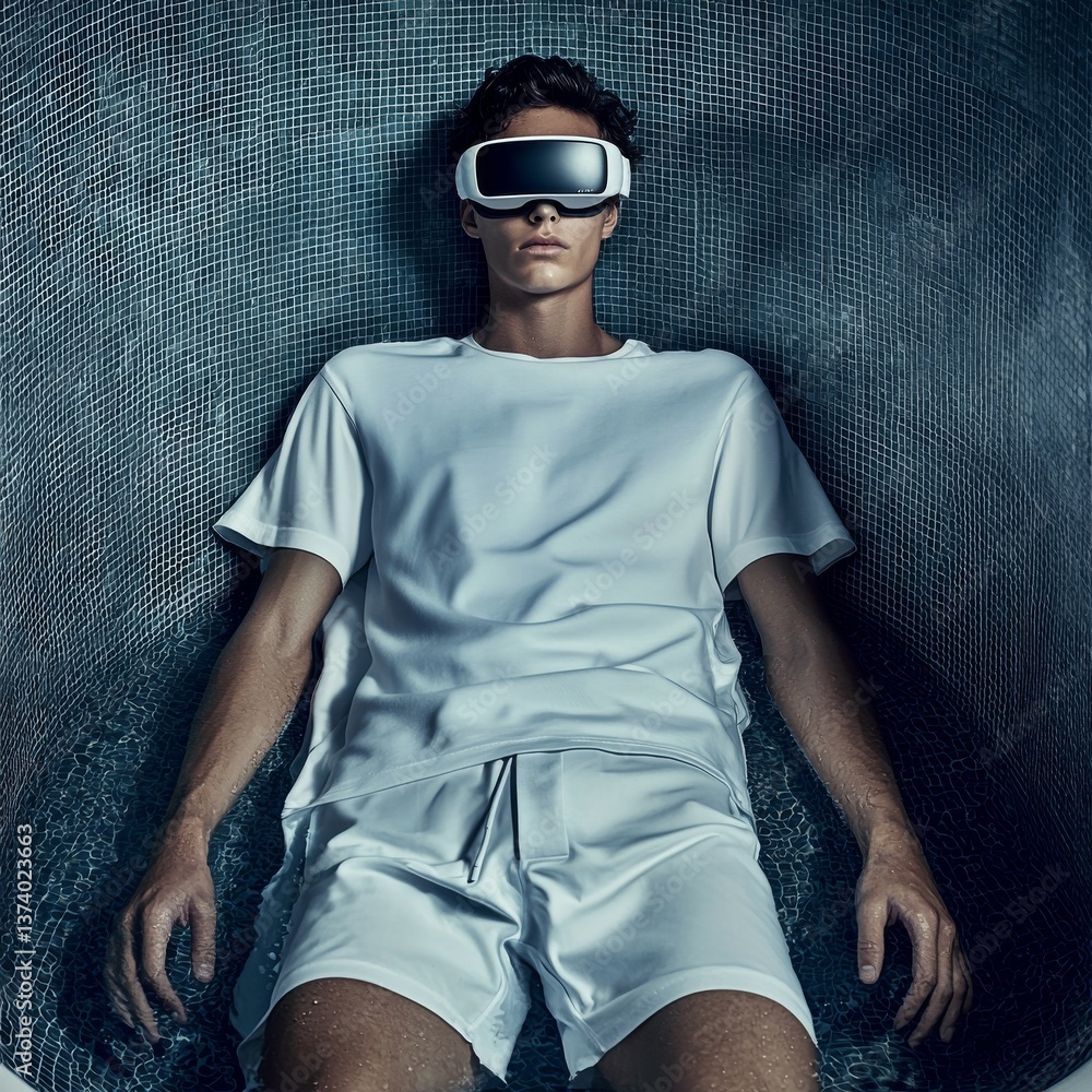 Poster a future technology concept is depicted through a man in a bath wearing virtual reality glasses, who