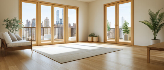 Fototapeta premium Bright modern living space with city view and wooden accents in daytime