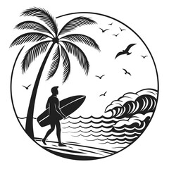 Black vector illustration of High-Quality Tropical Beach Silhouette – Palm Tree, Surfer & Sunset on Transparent Background