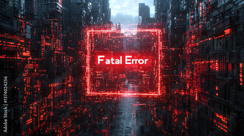 Aufkleber glowing red fatal error message looms ominously as digital realm crumbles into chaotic glitches