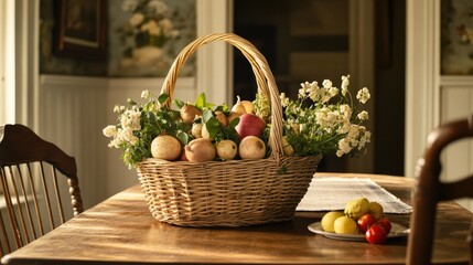 A basket filled with fresh vegetables and herbs on a farmhouse table
