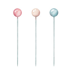 Sewing pins set, needlework accessories. Hand drawn red, blue, beige straight pins in watercolor style. Graphic elements for design.