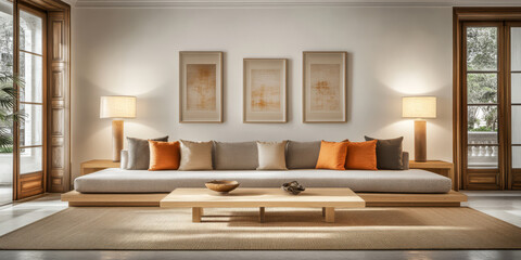 Cozy modern living room with neutral tones and warm accents in bright daylight