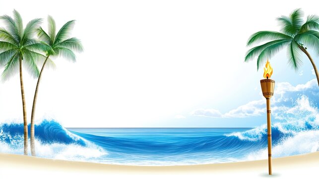 Hawaiian border featuring palm trees, tiki torches, and ocean waves, ideal for beach party flyers, travel promotions, or tropical-themed designs.