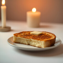 A slice of fluffy pancake with a crispy exterior, topped with butter on a white plate. Candlelight creates a warm and cozy atmosphere, perfect for a homemade food concept.