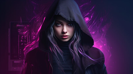 Dark violet-to-purple gradient background featuring a neon-lit, high-tech gaming girl in futuristic style.

