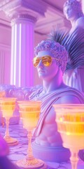 Statue and Champagne:  A classical statue adorned with gold sunglasses stands regally, flanked by pillars, with glasses of champagne on a marble table, creating an atmosphere of celebration.