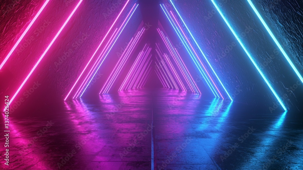 Poster a futuristic passageway composed of triangular metal sections stretches out endlessly, illuminated b
