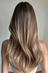 Fototapeta premium Woman with smooth, ash blonde balayage hair seen from the back, showing healthy texture and soft waves against neutral background.