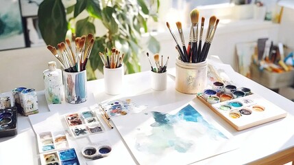 A creative art studio desk with brushes and paints arranged in harmony