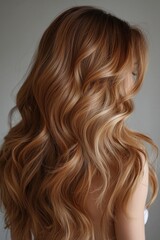 Naklejka premium Close-up side view of long, voluminous golden copper hair with soft waves, styled for a natural yet glamorous look.