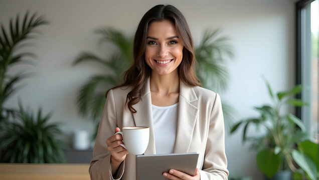 Potrait of smiling business woman in light blazer holding a cup of coffee and tablet, modern office background surrounded by indoor plants, professional business setting 