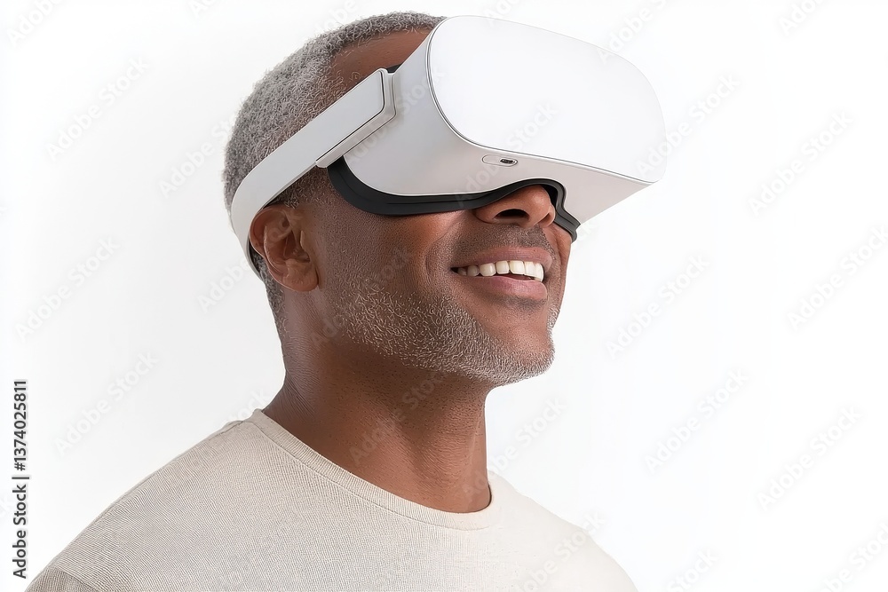 Poster a young man with a happy expression is smiling as he enjoys and experiences virtual reality using a 