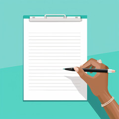 A high-resolution horizontal flat vector illustration of a notepad and pen on a green background.

