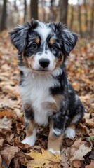 Fototapeta premium Cute Australian Shepherd puppy sitting among fall leaves in nature. Ideal for blogs about animals, dog food ads.