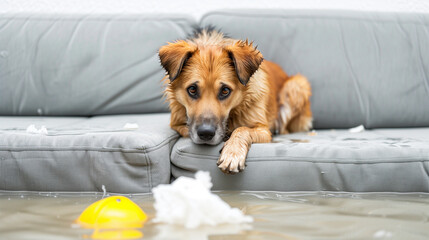 Sad dog trapped in living room during flood emergency

