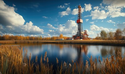 Obraz premium Oil drilling rig surrounded by autumn landscape and reflective water body