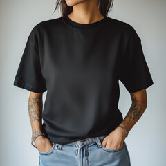 A fashion portrait with black plain t-shirt mockup, AI Generated