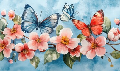 Colorful butterflies and blooming flowers in vibrant watercolor illustration
