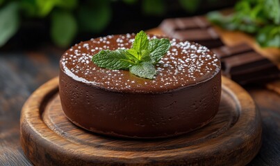 Decadent chocolate mousse cake topped with mint leaves and powdered sugar