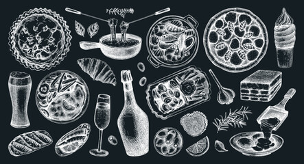 European food hand drawn vector illustration. Traditional Europe dishes on chalkboard. Perfect restaurant menu, packaging, or prints. NOT AI generated