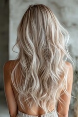 Naklejka premium Natural-looking long wavy blonde hairstyle photographed from behind, featuring icy platinum tones and soft flowing layers for volume.